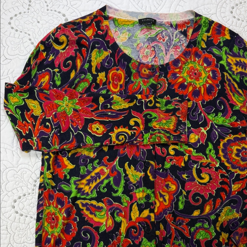 Talbots Boho Floral Knit Cardigan Sweater - Women’s Long Sleeve Top Medium